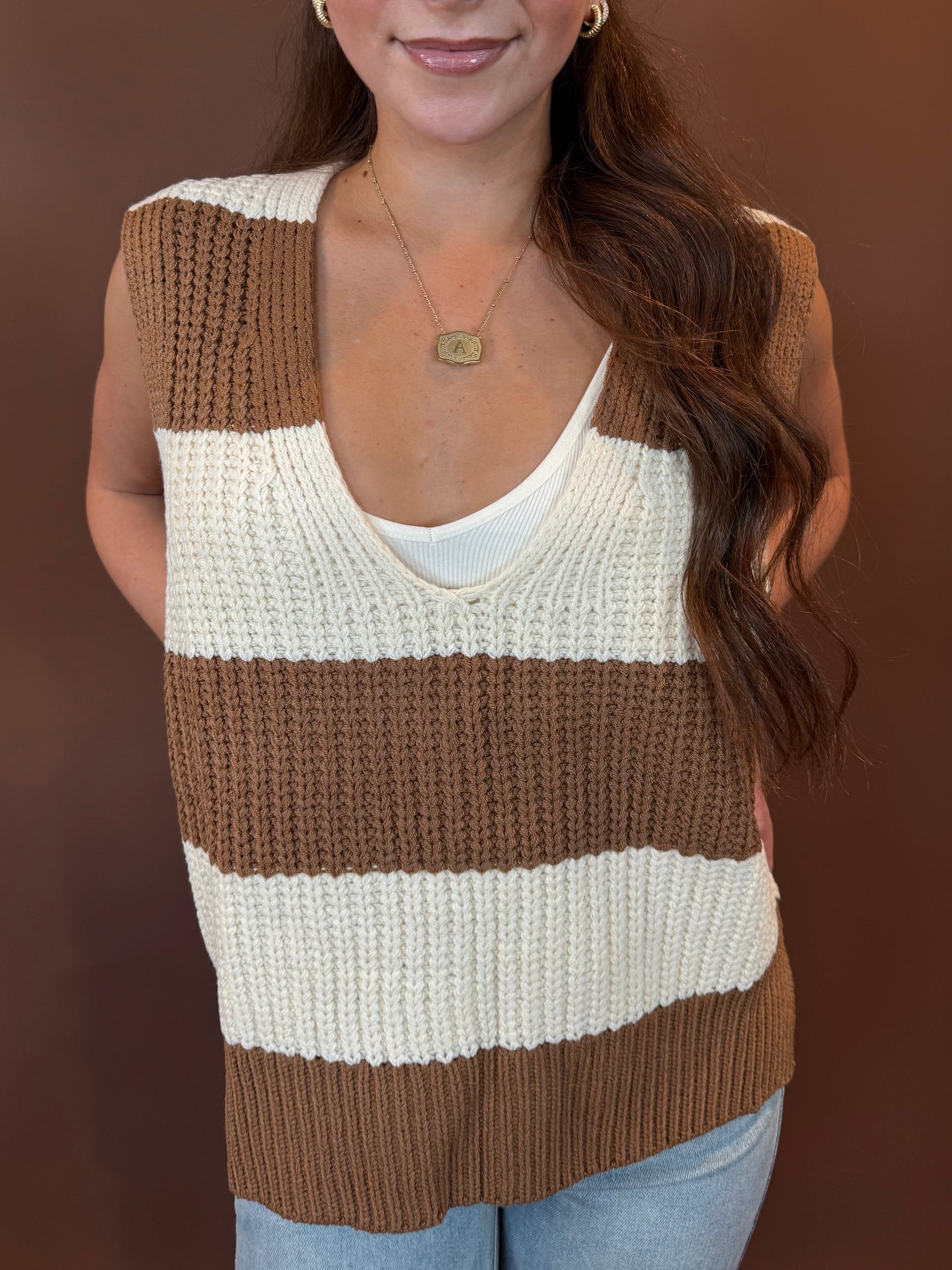 Reign Striped Sleeveless V-Neck Sweater in Mocha & Ivory