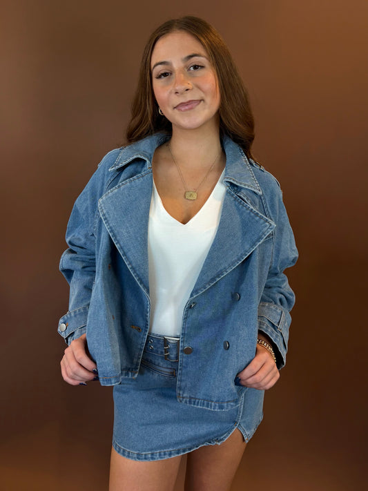 Aster Crop Trench Coat in Denim