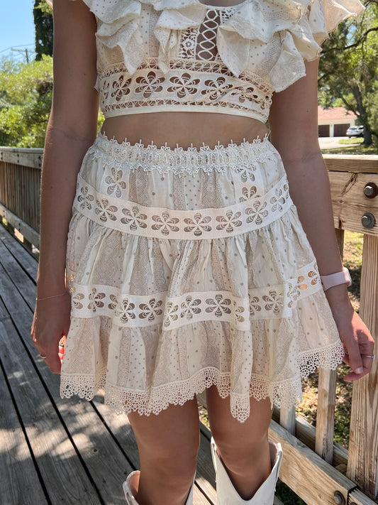Cyrus Cream Crochet Floral Mini Skirt