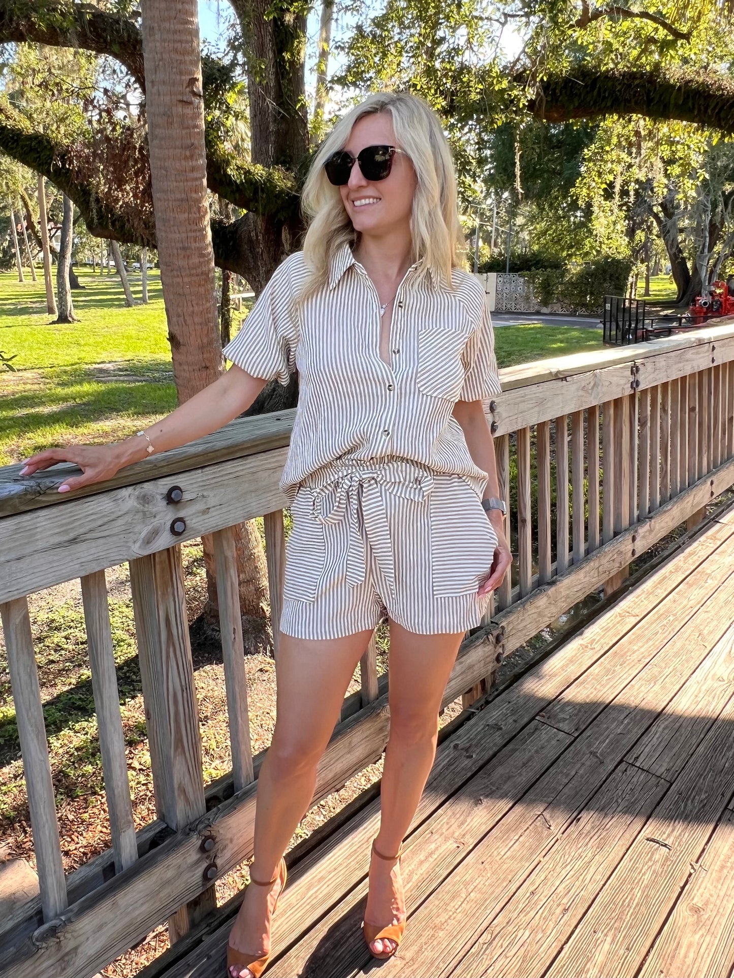 Noah Striped Button Up Top & Short Set in Taupe & White