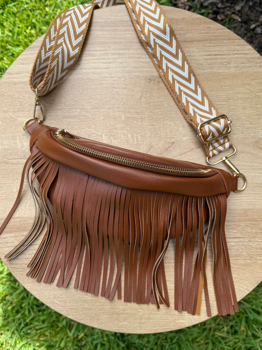 Dakota Crossbody Sling Bag in Brown with Removable Printed Guitar Strap & Fringe Detail