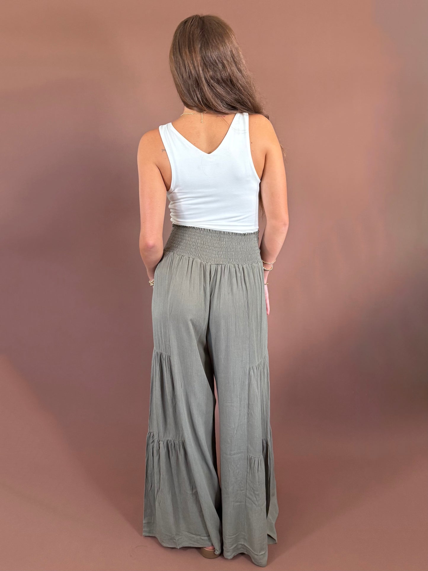Delaney Front Tie Wide Leg Tiered Pants in Olive