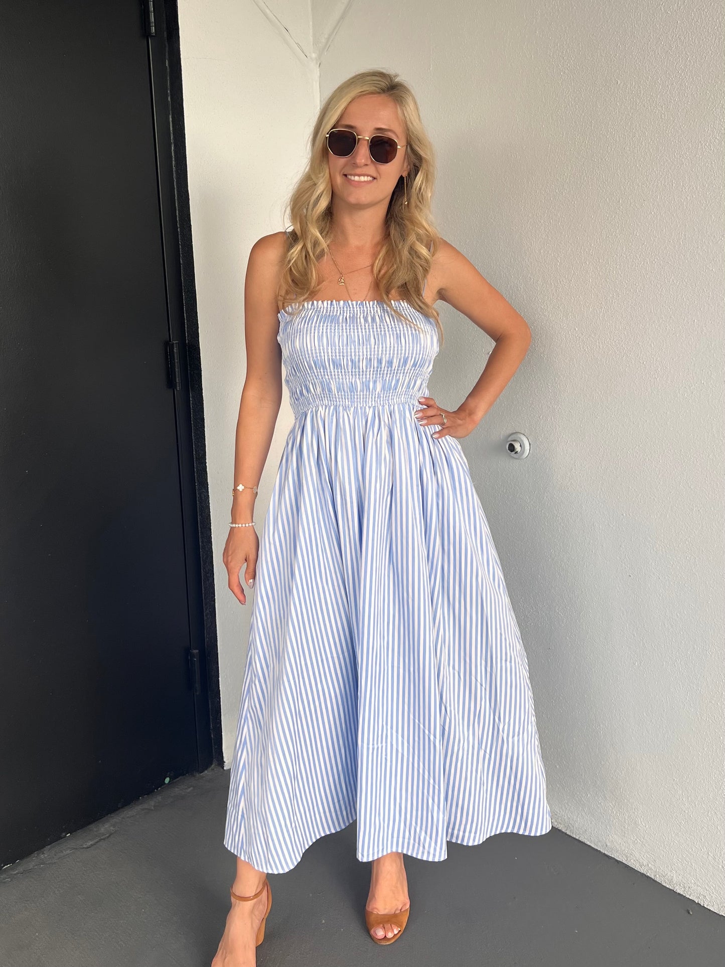RALEIGH SMOCKED STRIPED MIDI DRESS IN BLUE