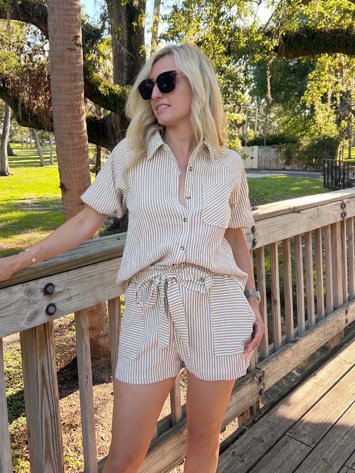 Noah Striped Button Up Top & Short Set in Taupe & White