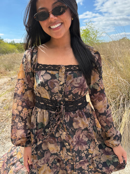 Ophelia Floral Lace Long Sleeve Maxi Dress in Brown