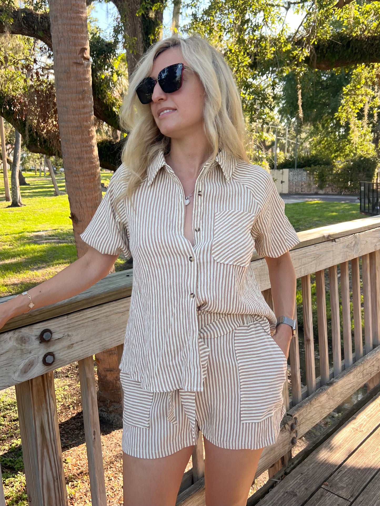 Noah Striped Button Up Top & Short Set in Taupe & White