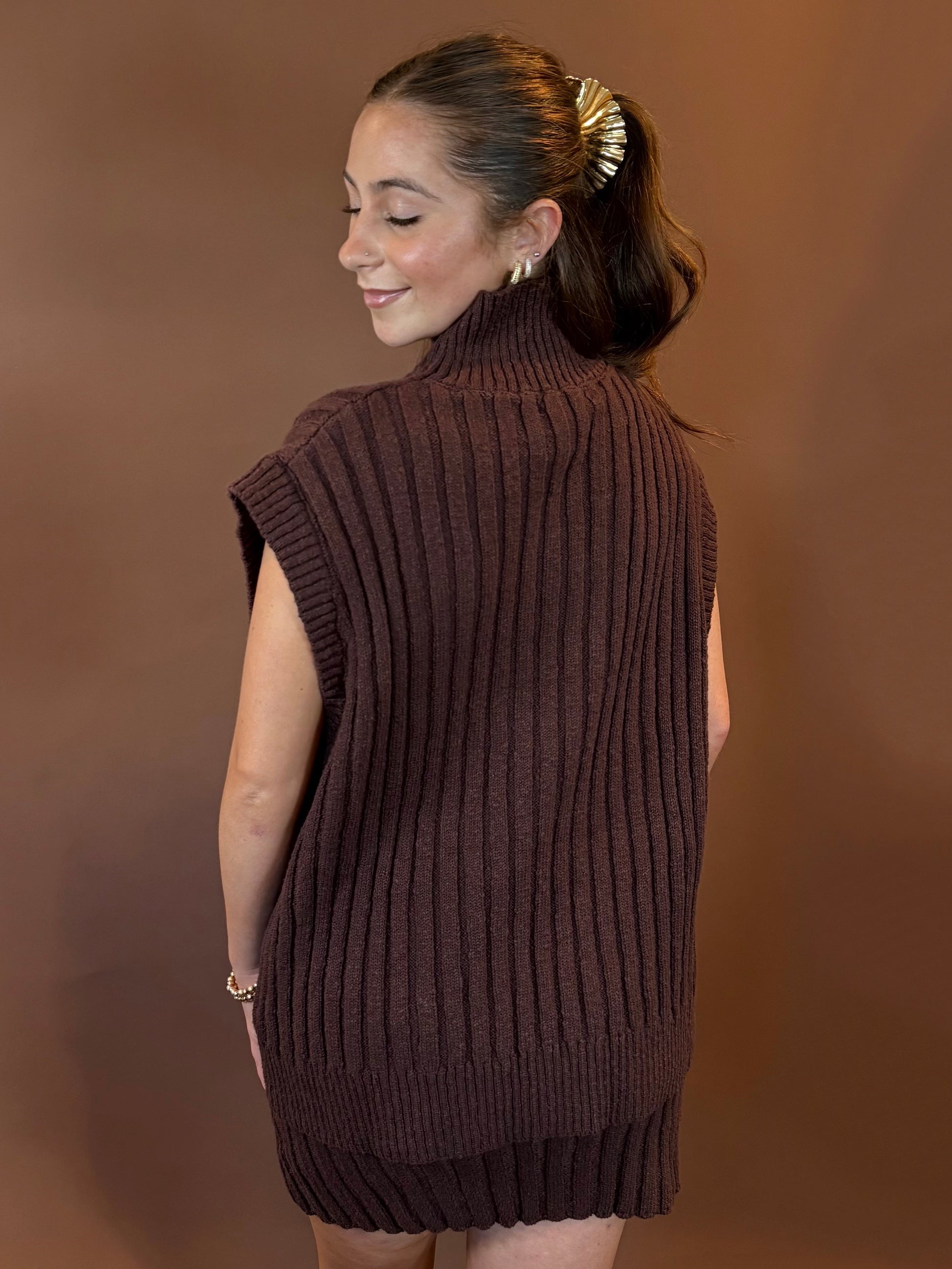 Iris Sleeveless Turtleneck Oversized Sweater & Iris Sweater Mini Skirt in Chocolate Brown