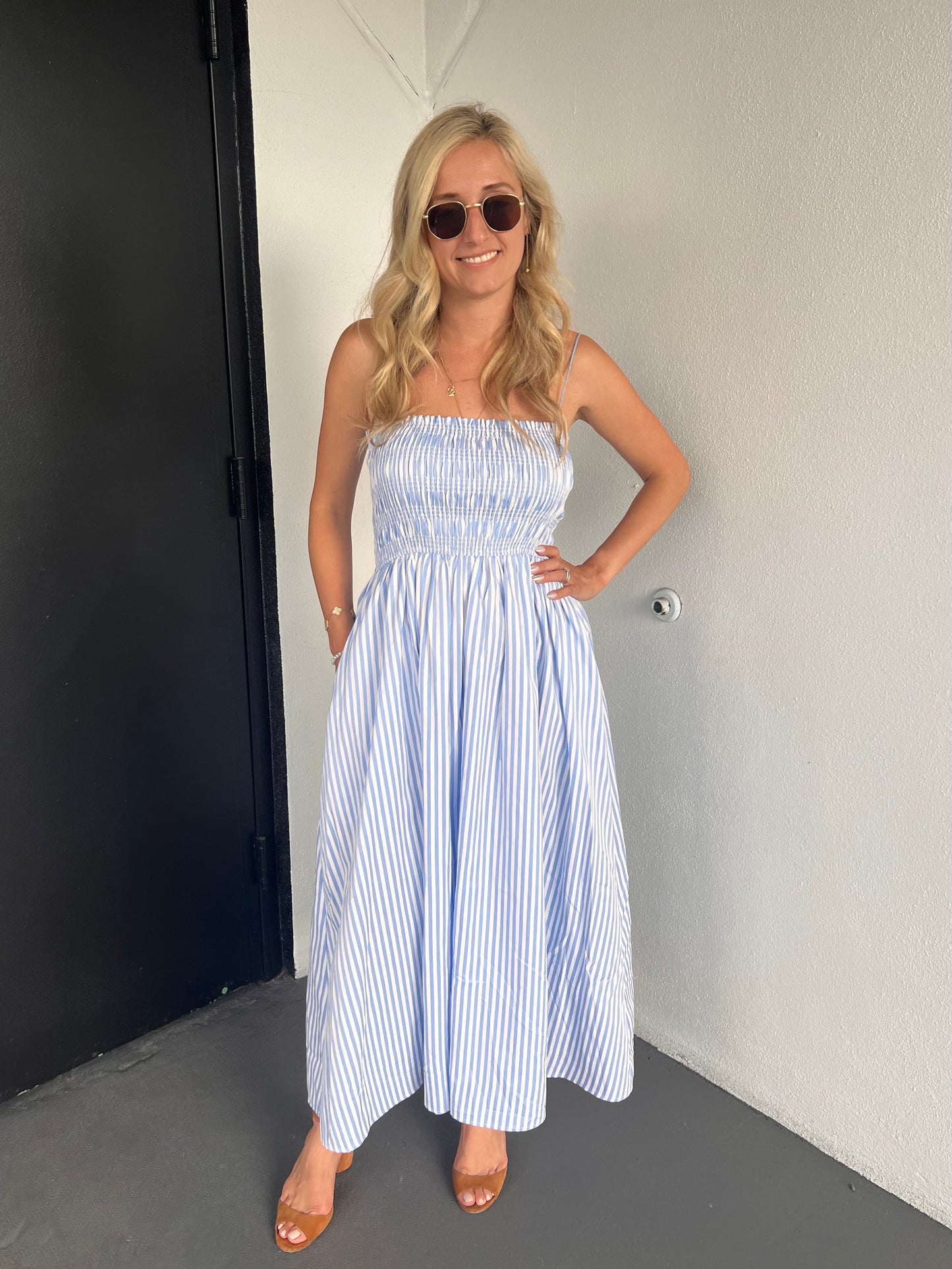 RALEIGH SMOCKED STRIPED MIDI DRESS IN BLUE
