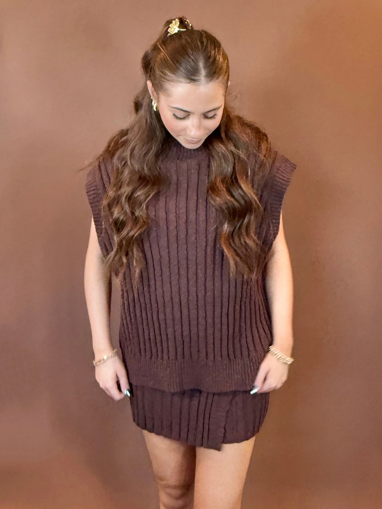 Iris Sleeveless Turtleneck Oversized Sweater & Iris Sweater Mini Skirt in Chocolate Brown