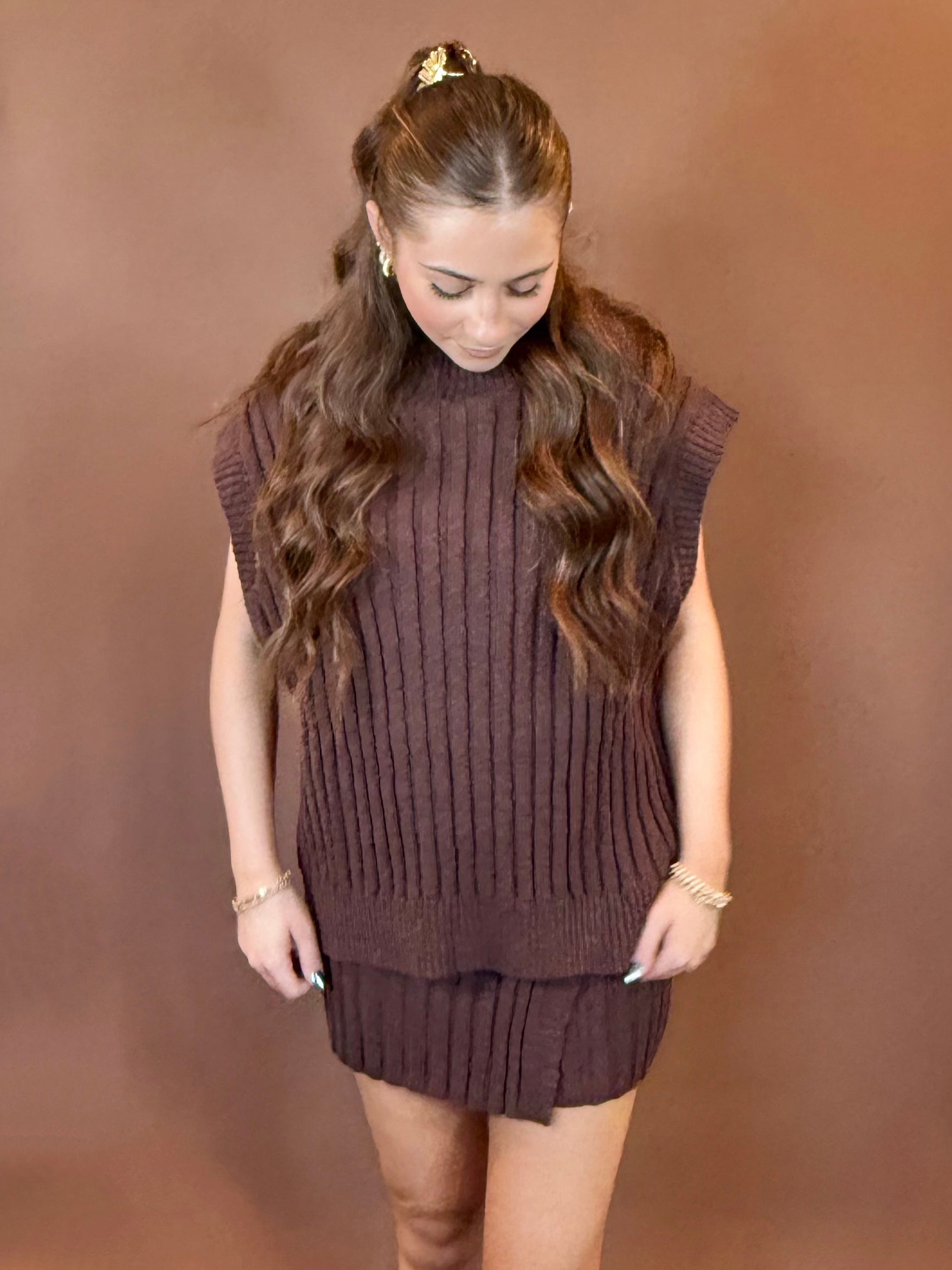 Iris Sleeveless Turtleneck Oversized Sweater & Iris Sweater Mini Skirt in Chocolate Brown