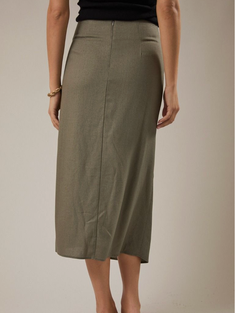 Celeste Side Slit Midi Skirt in Olive Green