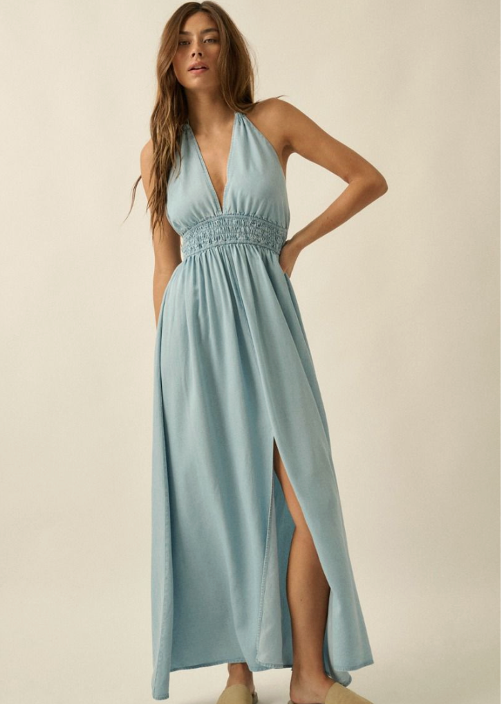 denim maxi halter dress Lainey in atf-kg-05.15.25 Kim Kardashian embraces her Back zip closure Color:79#-Navy blue