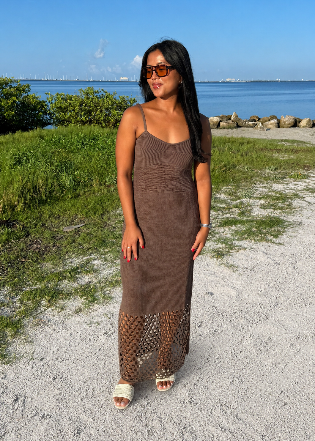 Spencer Net Midi Dress in Brown