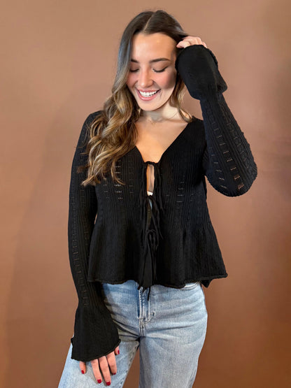 Lorelai Front Tie Bell Sleeve Peplum Sweater in Black