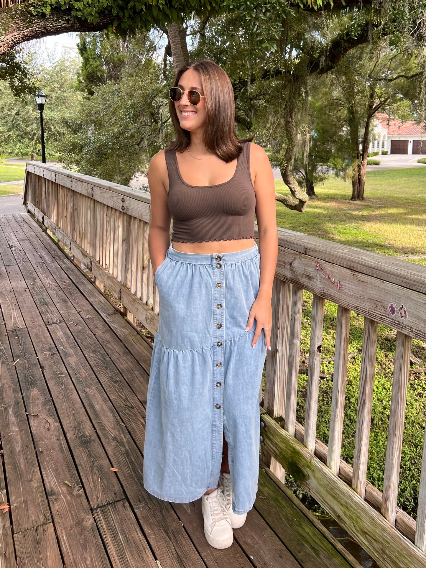 Lola Denim Button Down Tiered Maxi Skirt