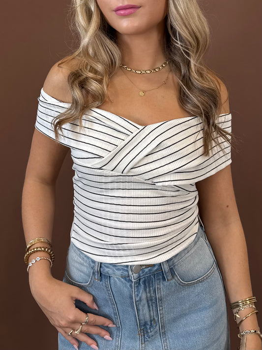 Shay Striped Off the Shoulder Top in Ivory