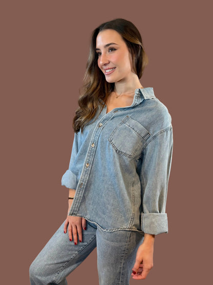 Pacey Oversized Button Up Shirt in Denim