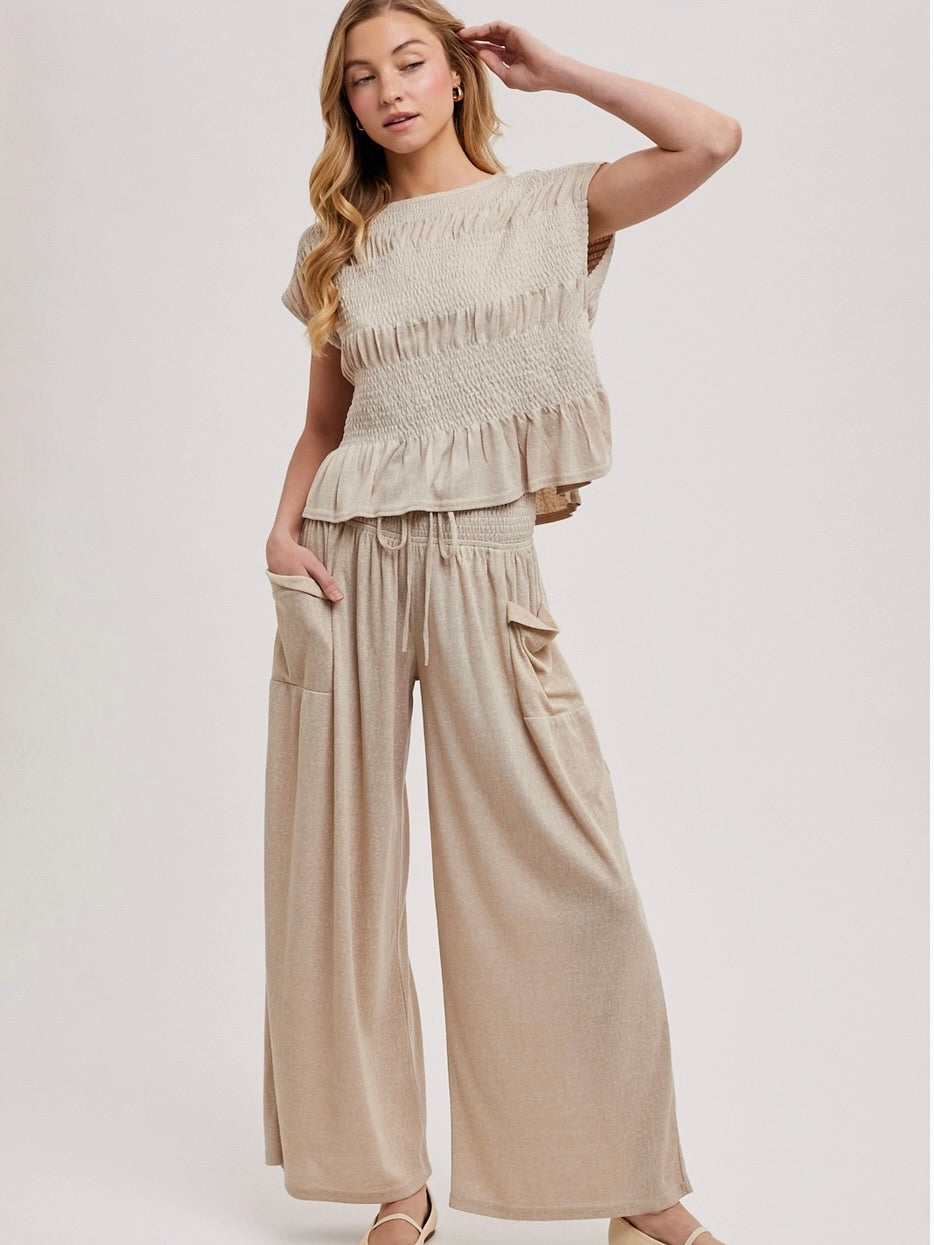 Willa Wide Leg Elastic Pants in Beige