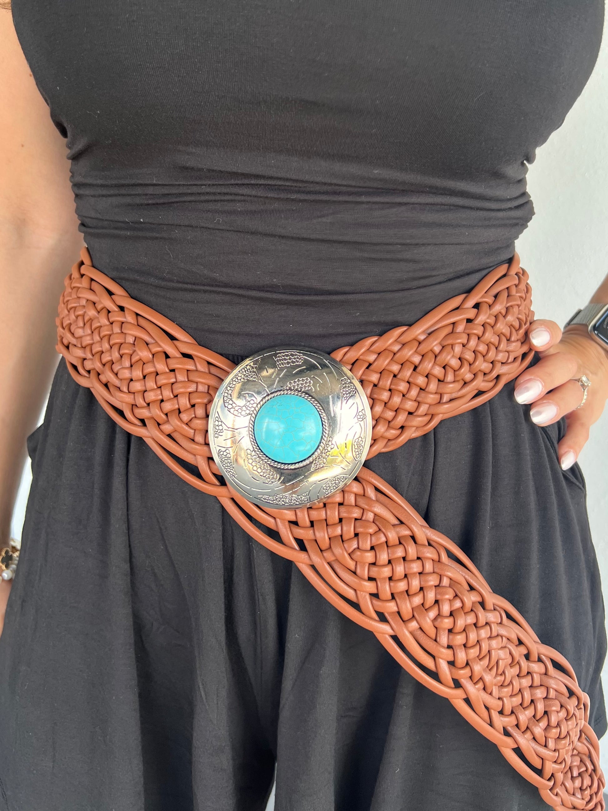 Lucy Western Belt in Brown with Turquoise Stone Detail