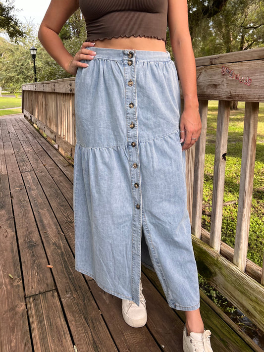 Lola Denim Button Down Tiered Maxi Skirt