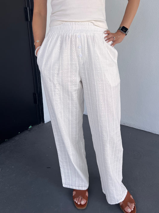 Carly Eyelet Wide Leg Pants in White