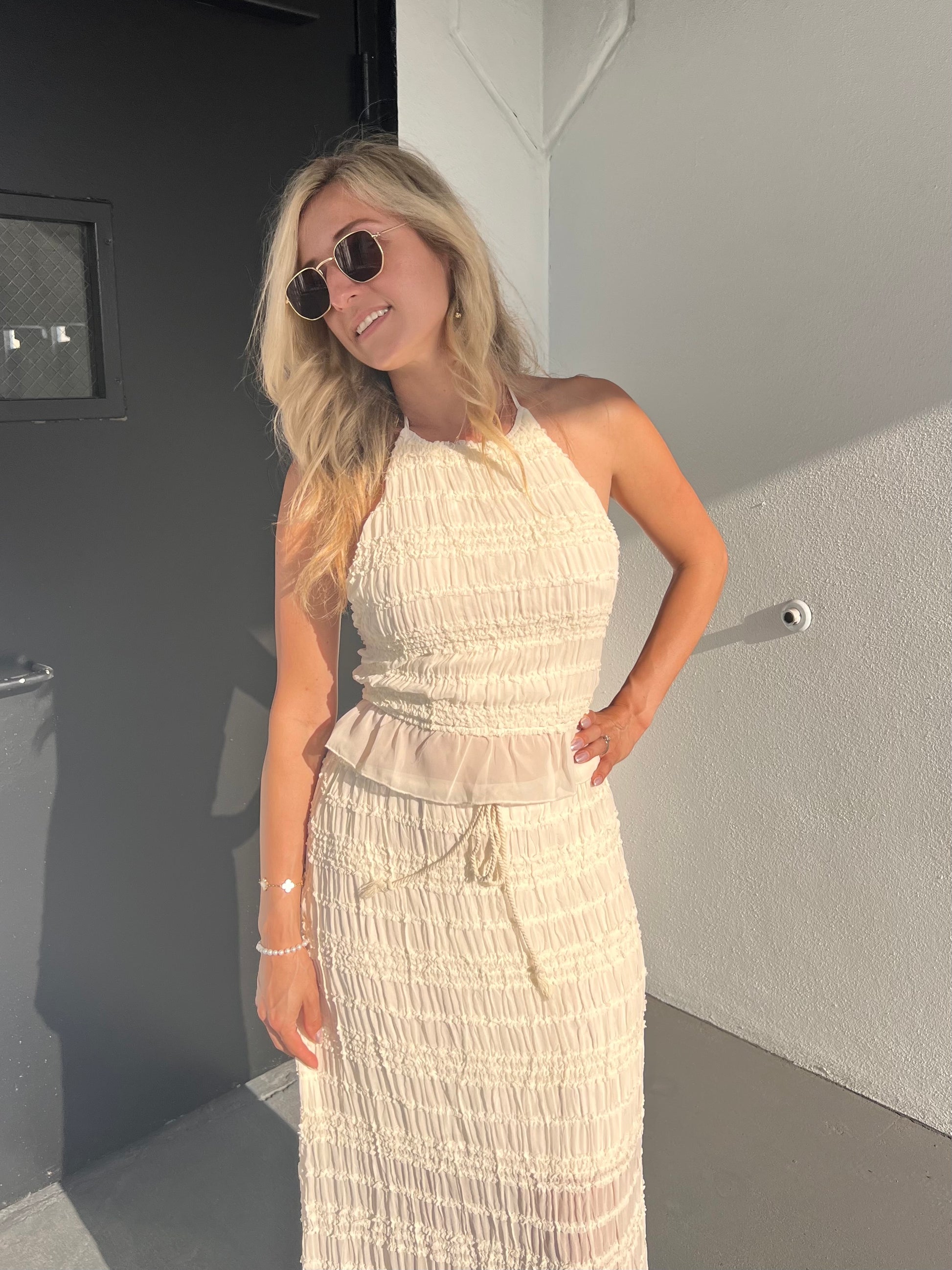 WILLOW OPEN BACK HALTER TOP & MAXI SKIRT SET IN CREAM