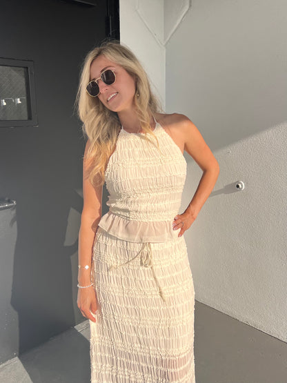WILLOW OPEN BACK HALTER TOP & MAXI SKIRT SET IN CREAM
