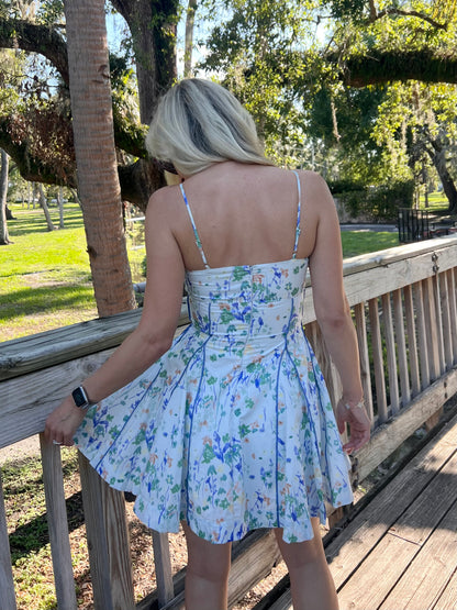 Victoria Floral A-Line Mini Dress in Blue