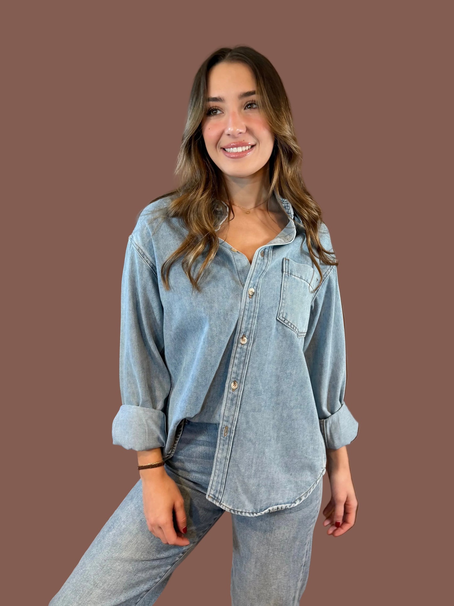 Pacey Oversized Button Up Shirt in Denim
