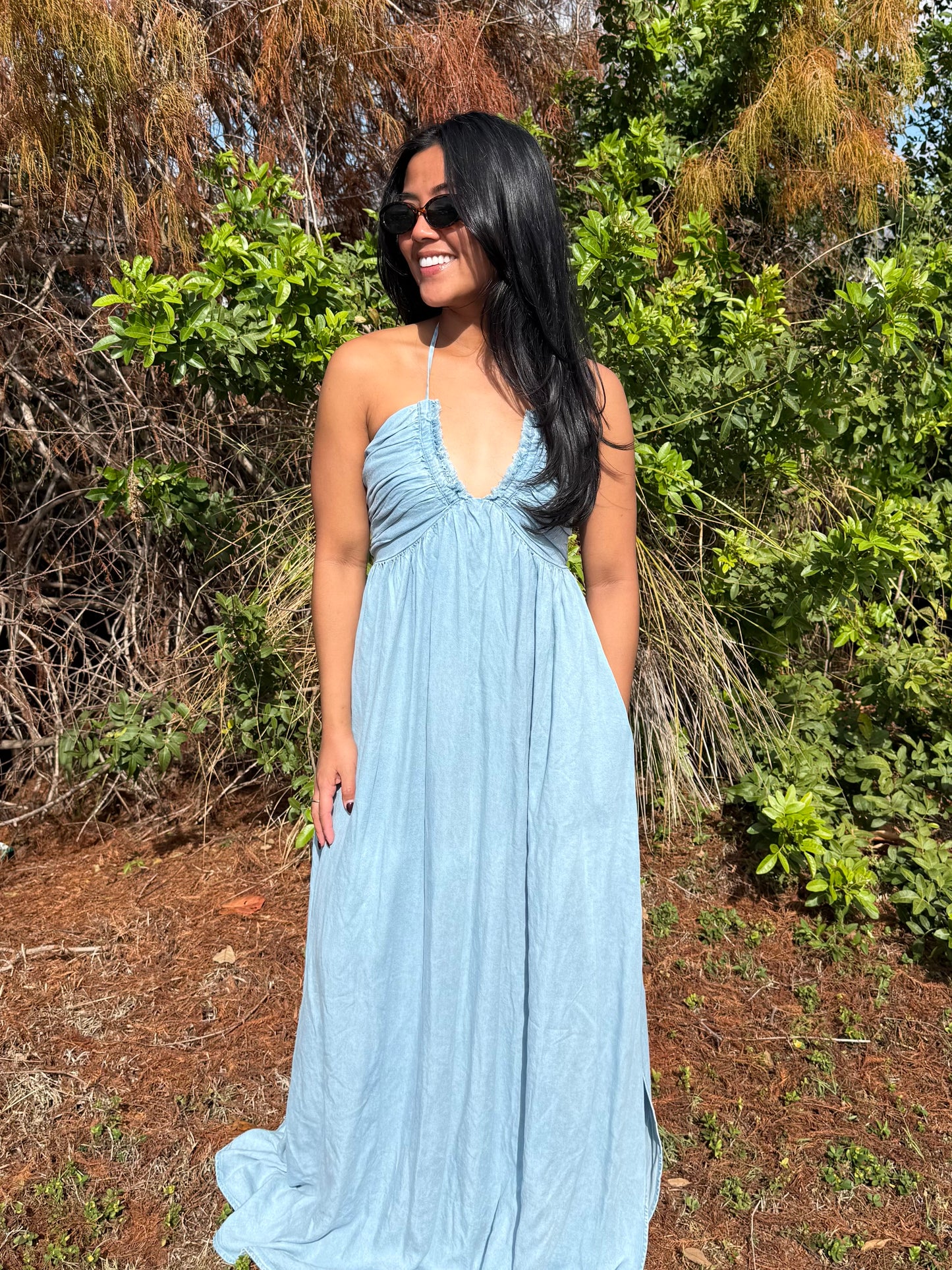 Savannah Halter Neck Open Back Flowy Maxi Dress in Denim