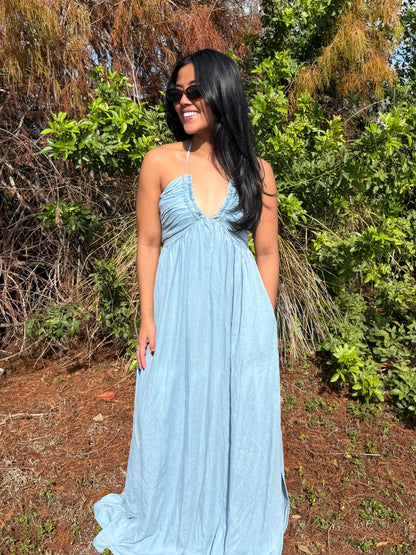 Savannah Halter Neck Open Back Flowy Maxi Dress in Denim