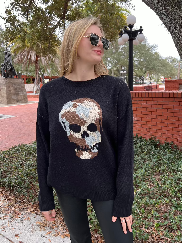 Carver Black Sweater with Camo Skull Graphic Detail