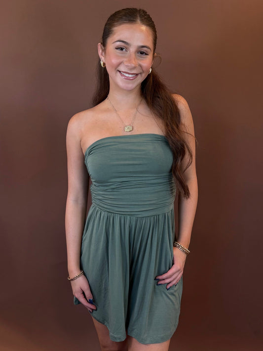 Haley Strapless Romper in Olive