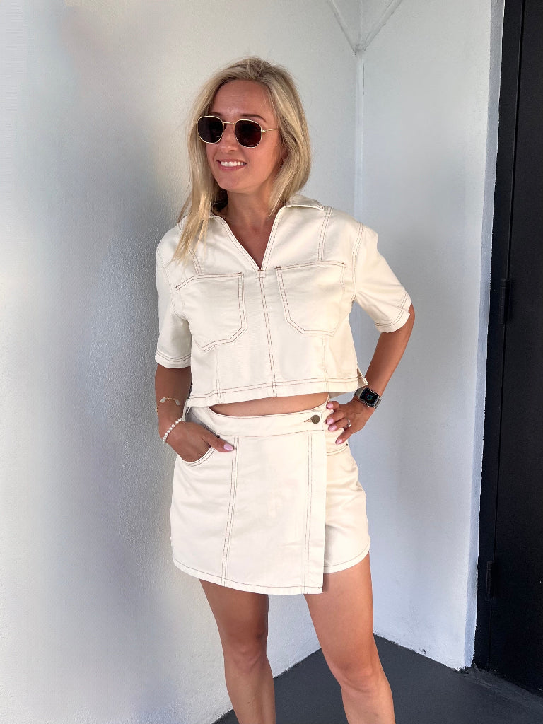 MILEY DENIM CROPPED SHIRT & SKORT SET IN ECRU