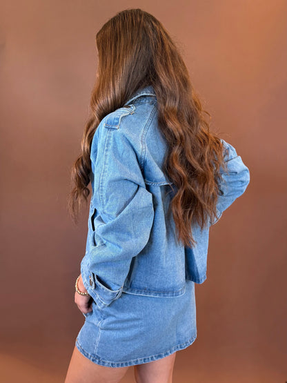 Aster Crop Trench Coat in Denim