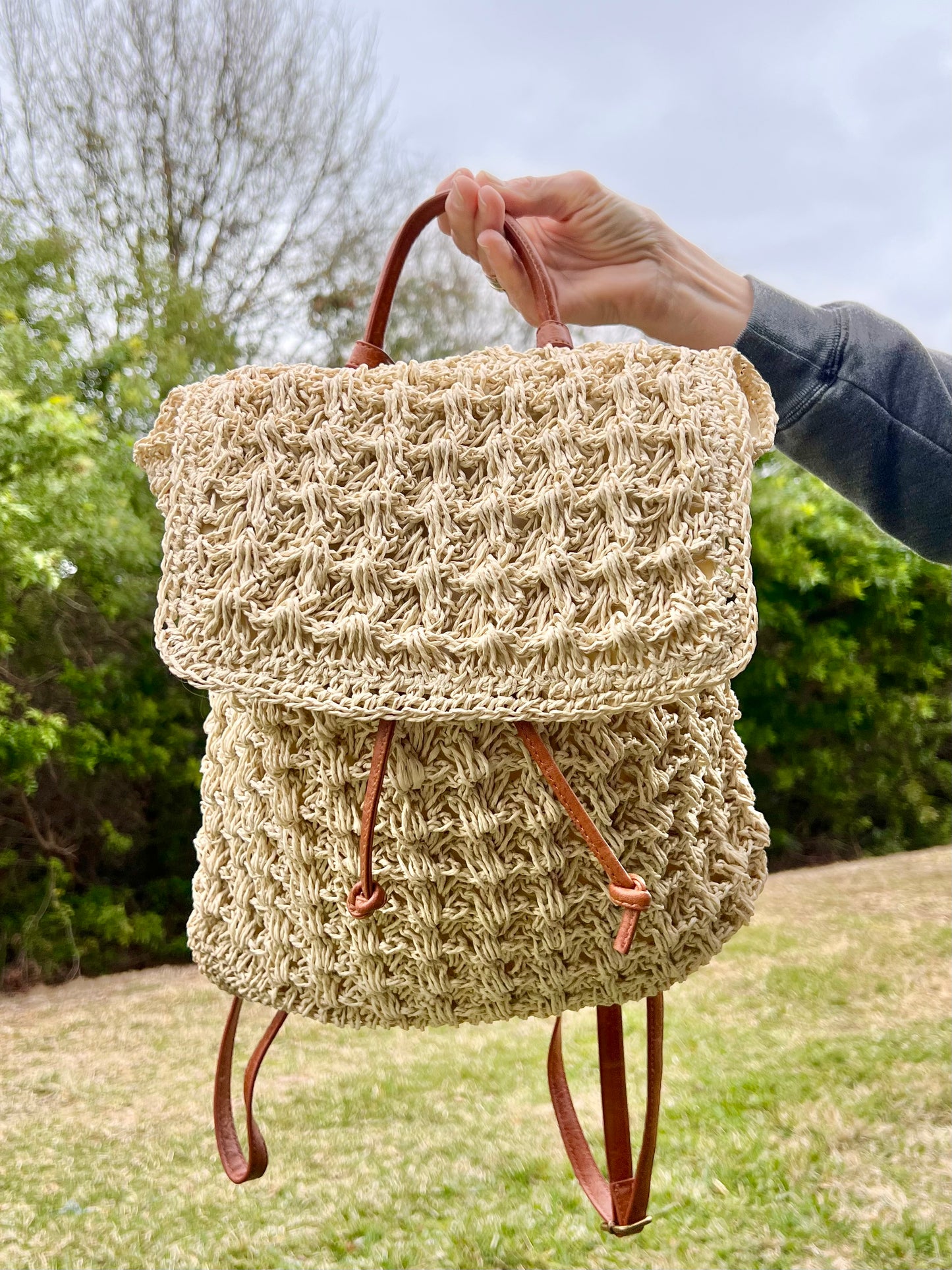 Kaia Ivory Straw Braided Backpack