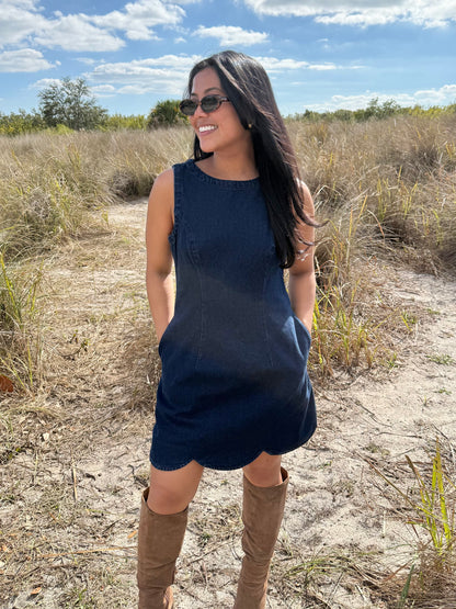 Marley Sleeveless Scalloped Mini Dress in Dark Denim
