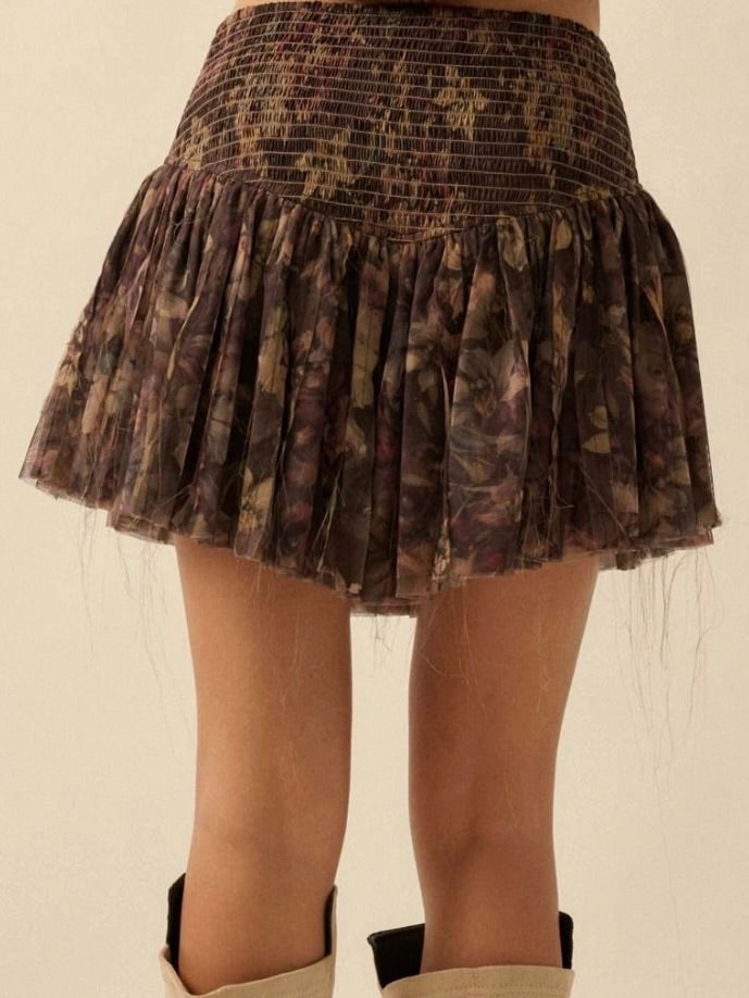 Jenny Drop Waist Pleated Mini Skort in Brown Floral
