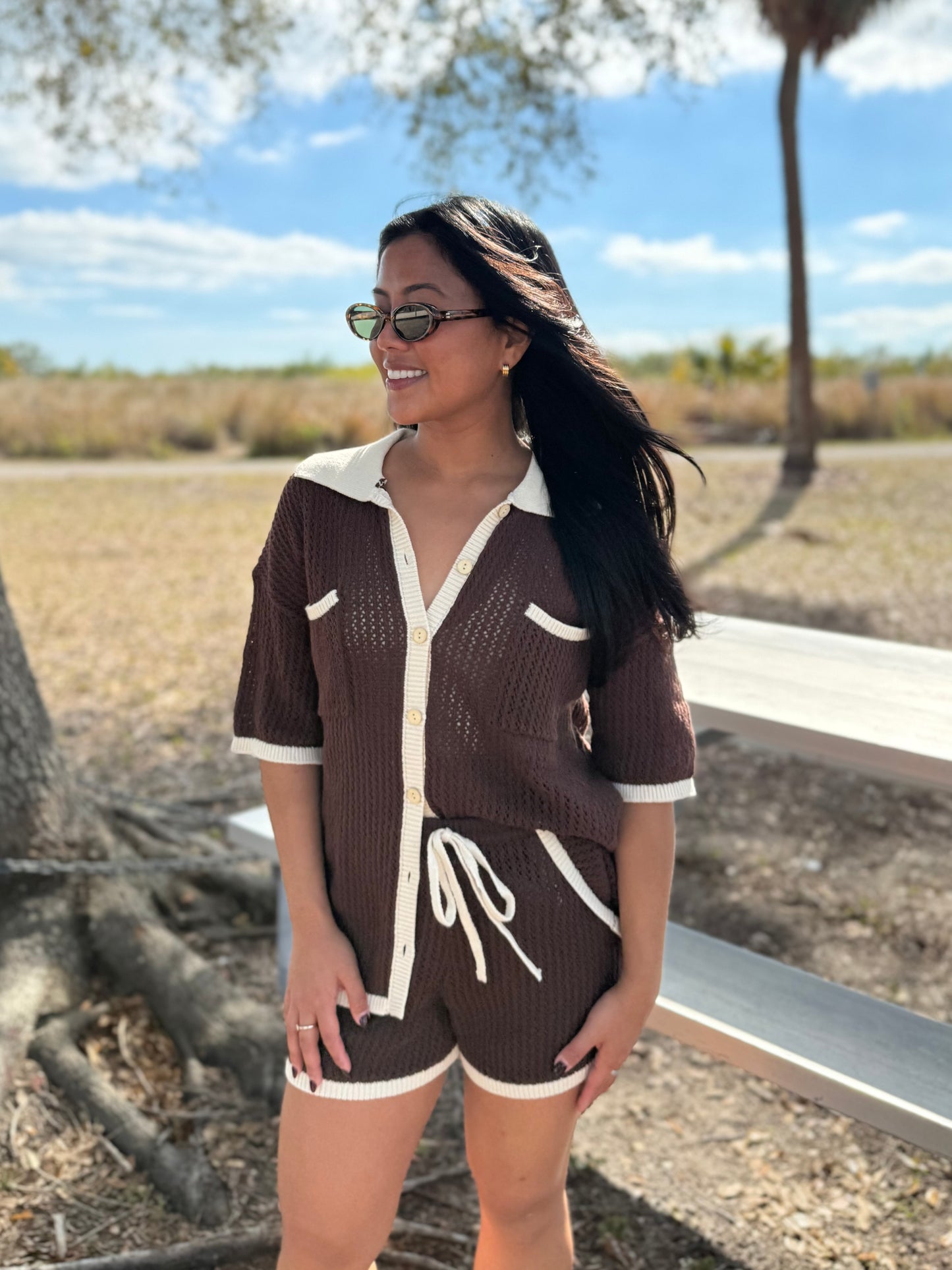 Emory Crochet Short Sleeve Top & Drawstring Shorts Set in Brown & Ivory