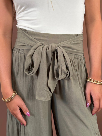 Delaney Front Tie Wide Leg Tiered Pants in Olive