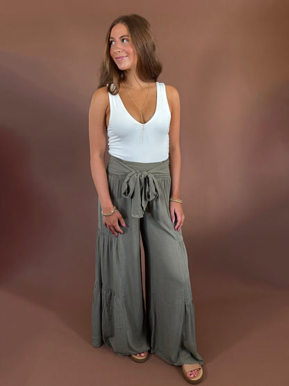 Lana V-Neck Tank Top in White and Delaney Front Tie Wide Leg Pants in Olive
