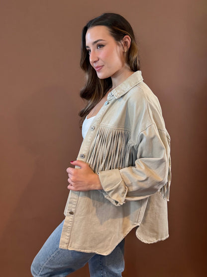 Asher Oversized Fringe Denim Jacket in Sand