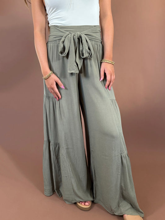 Delaney Front Tie Wide Leg Tiered Pants in Olive