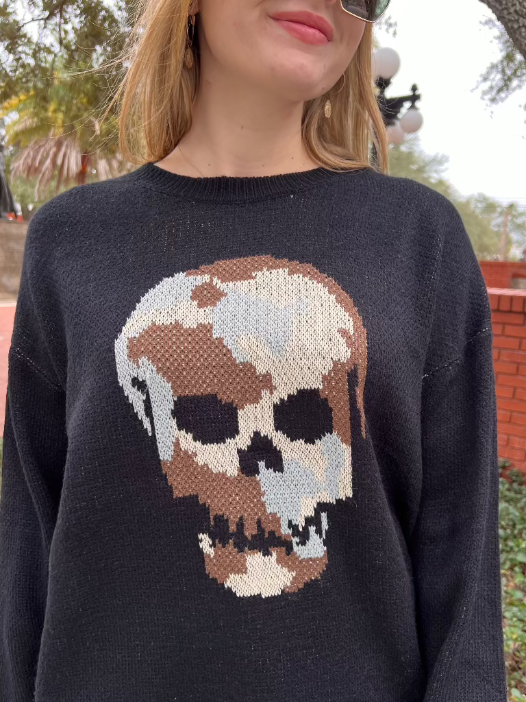 Carver Black Sweater with Camo Skull Graphic Detail