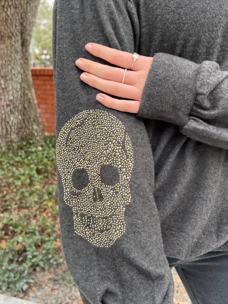 Arden Charcoal Crewneck Sweater with Stud Skull Detail