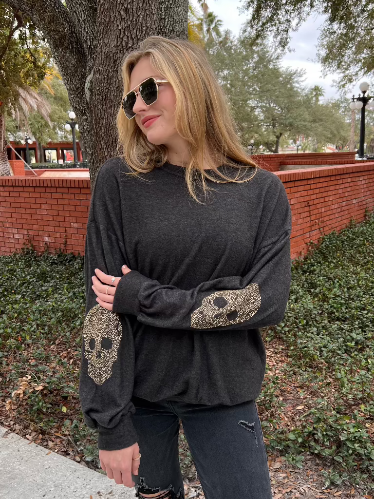 Arden Charcoal Crewneck Sweater with Stud Skull Detail