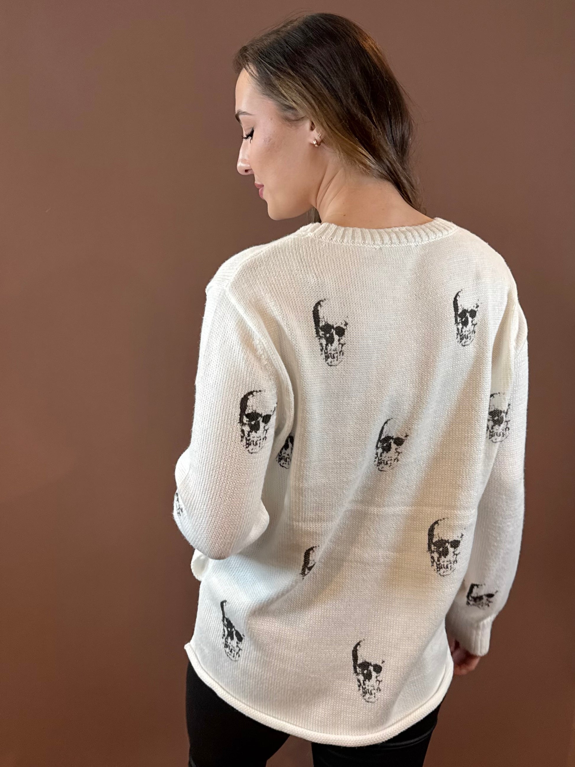 Ahoy Skull Long Sleeve Sweater in White