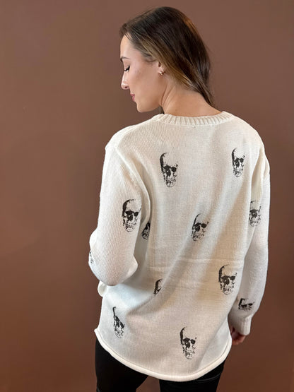 Ahoy Skull Long Sleeve Sweater in White