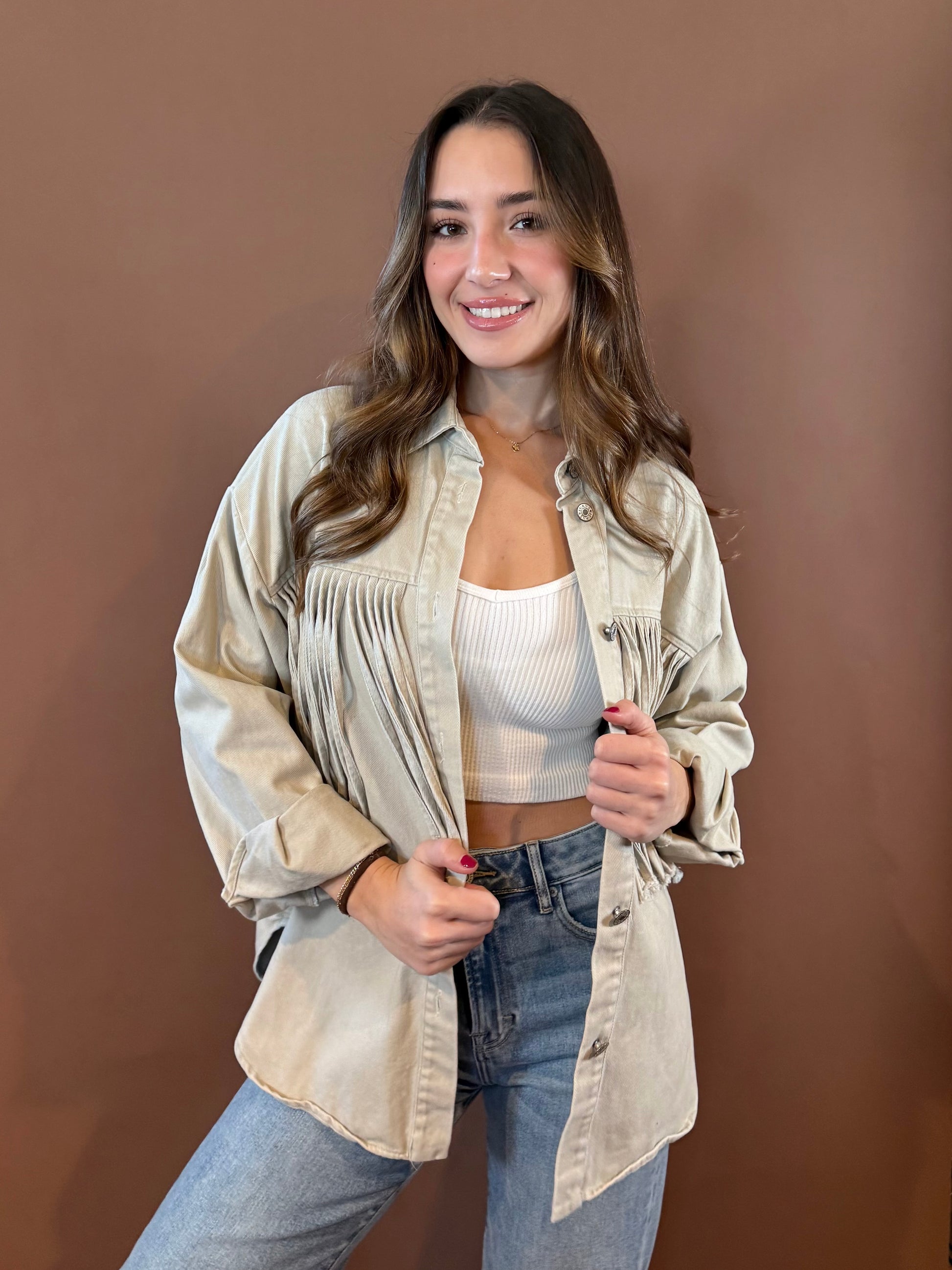 Asher Oversized Fringe Denim Jacket in Sand
