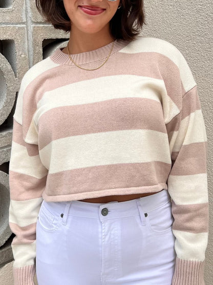 SELENA STRIPED CROPPED SWEATER IN TAUPE & IVORY